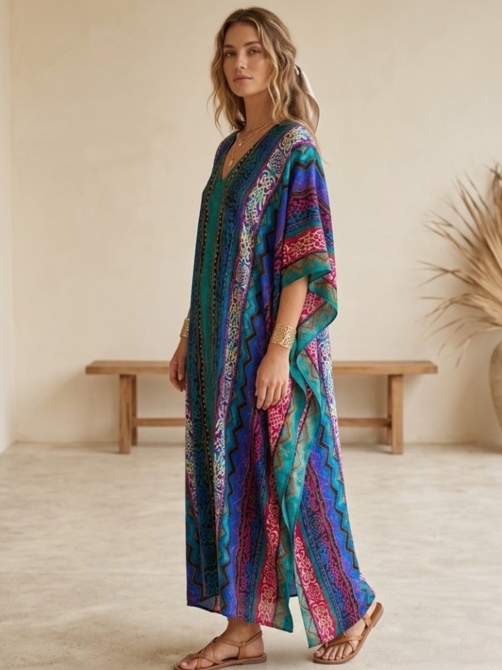 Vintage 90s Winlar Jewel Tone Caftan Maxi Dress OSFM Fits XS-4X 1X 2X 3X